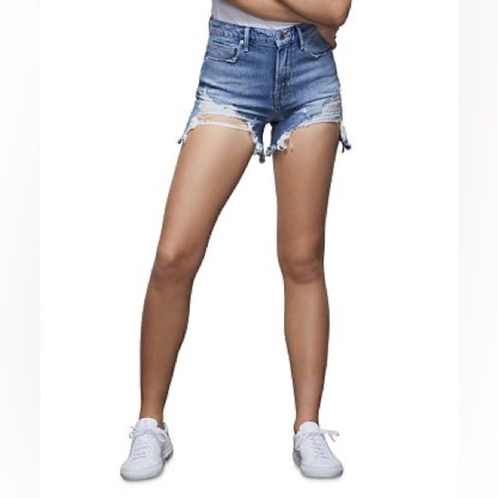 Good American Distressed Light Blue Denim Jean Shorts